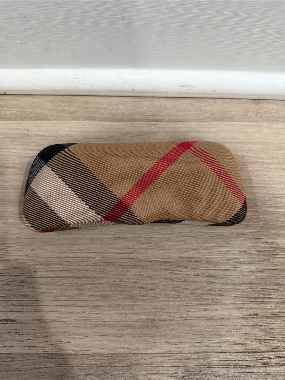 Burberry Beige Plaid Eyeglass Case with Red and Black Stripes